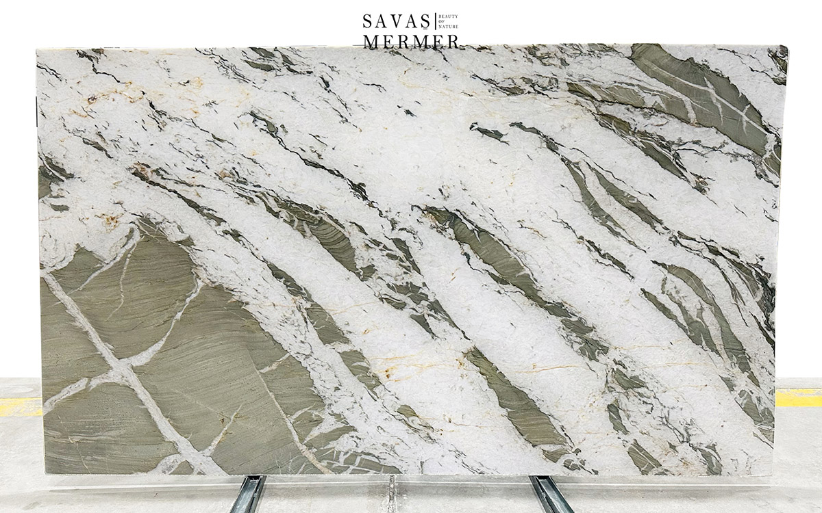 Raggio Di Luna Quartzite | White Background Green Veined Stone